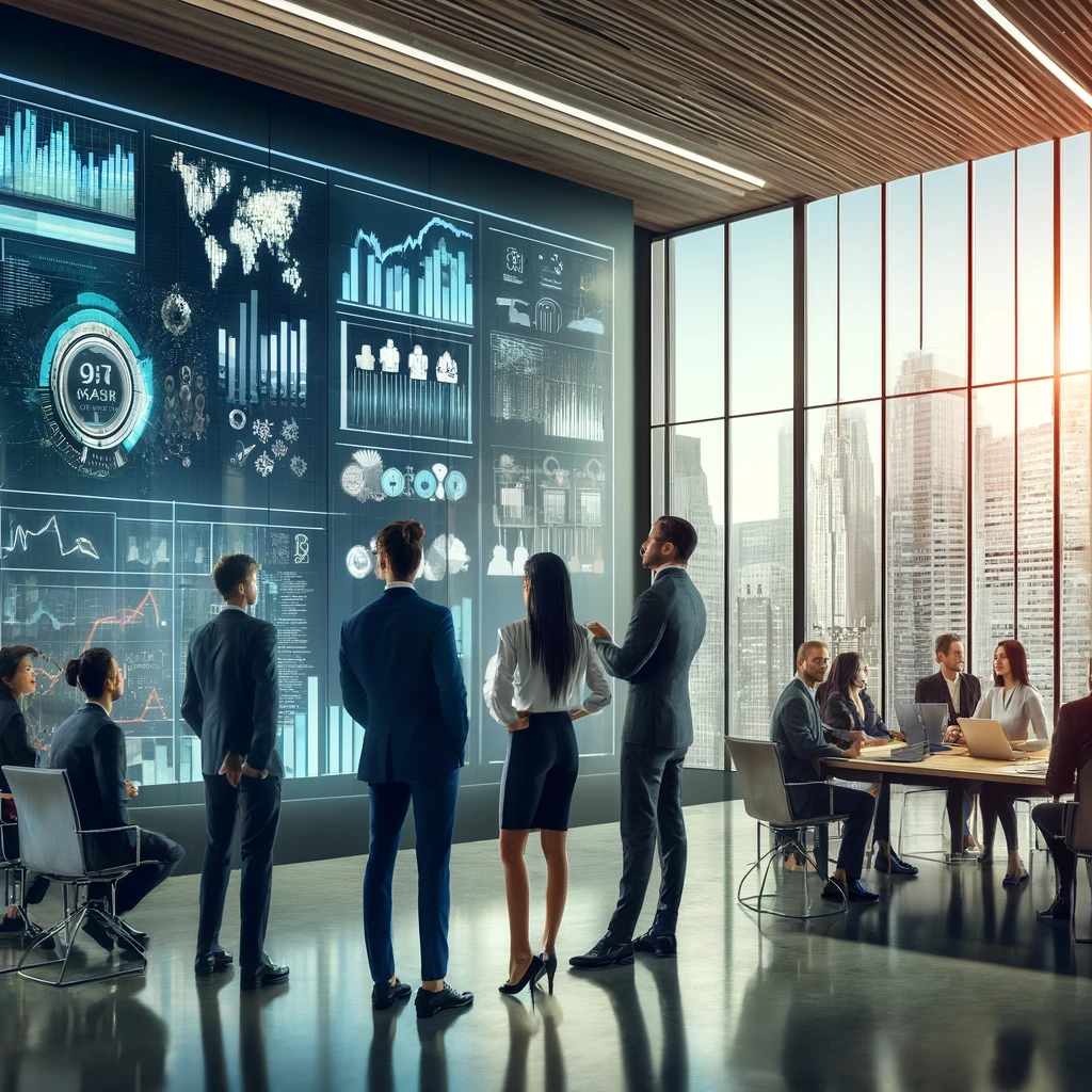 DALL·E 2024-04-27 15.28.42 - A modern, sleek office environment showing a diverse team of professionals gathered around a large digital screen displaying complex data analytics. T https://quvah.com/wp-content/uploads/2024/04/DALL·E-2024-04-27-15.28.42-A-modern-sleek-office-environment-showing-a-diverse-team-of-professionals-gathered-around-a-large-digital-screen-displaying-complex-data-analytics.-T.webp